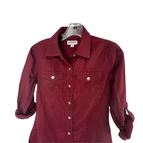 True Religion Utility Shirt Womens XS Burgundy Long Sleeve Roll Tab Button Up - Picture 3 of 9